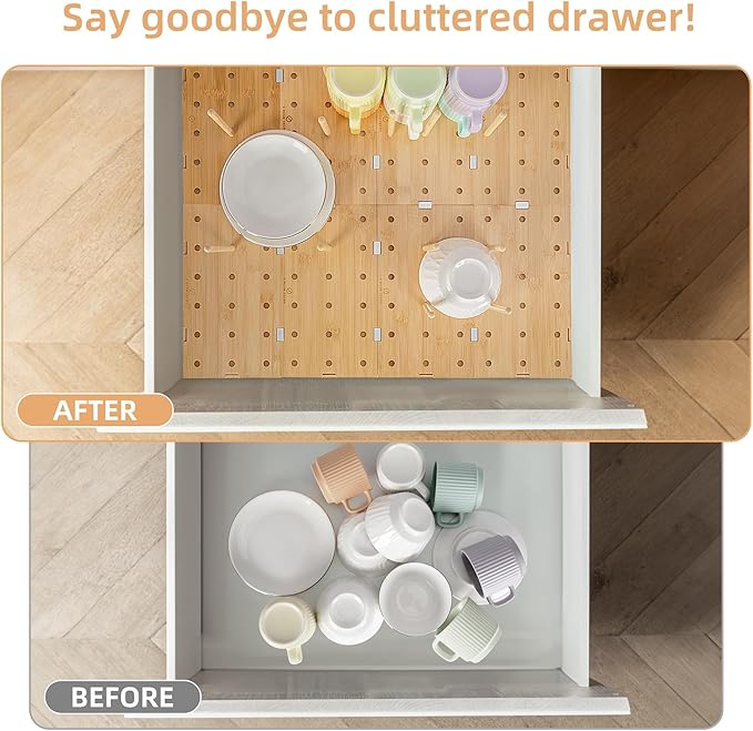 Peg Board Drawer Organizer for Kitchen (24 * 21 inch) | Kitchen Drawer Organizers for Dishes Plates Bowls Condiment Spice | Pegboard Organizer for Cabinet RV Storage