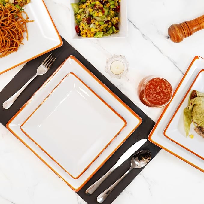 TP 12-Piece Melamine Dinnerware Sets, Plates and Bowls Dishes Set for 4, Break-Resistant & Non-Microwavable, Lightweight Square Dinner Plates, White with Rim