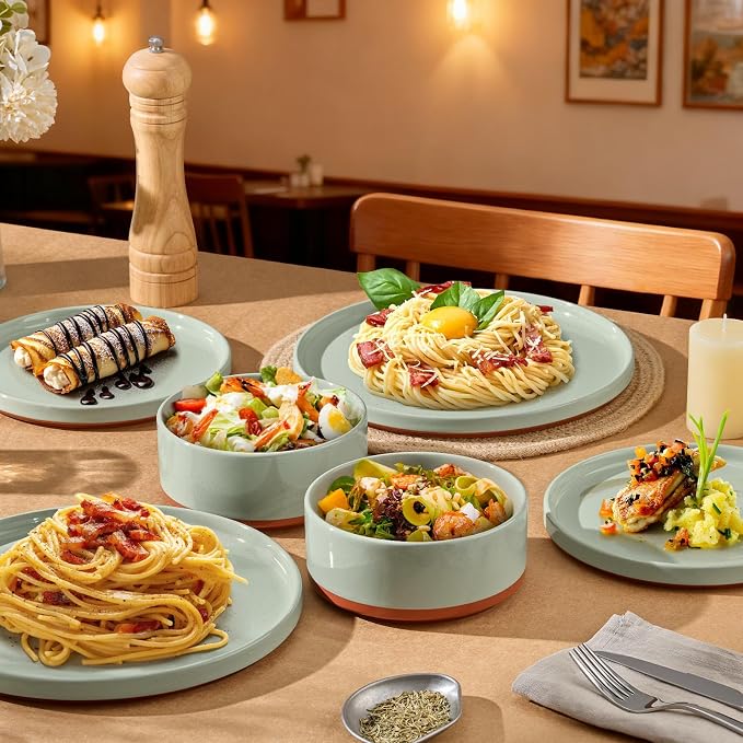 LIANYU 12 Piece Dinnerware Sets for 4, Modern Style Stoneware Dinnerware Set, Scratch Resistant, Dishwasher Safe Bowl and Plate Sets, Ceramic Dish Dinner Set, Laurel Green