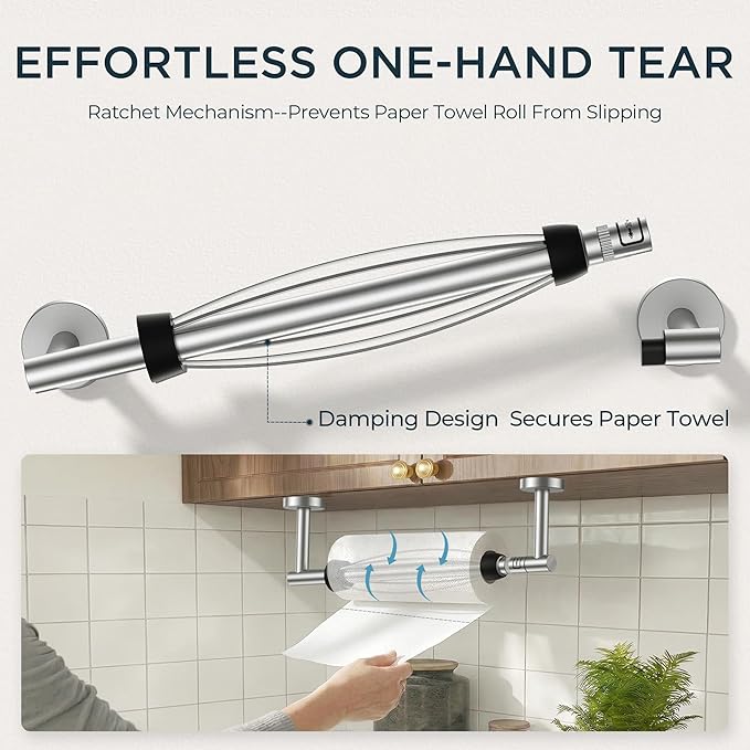 FORIOUS Paper Towel Holder Under Cabinet, SUS304 Wall Mounted Commercial Paper Towel Holder, One-Handed Tear Hanging Paper Roll Holder with Ratchet Mechanism for Kitchen Bathroom (Brushed Nickel)