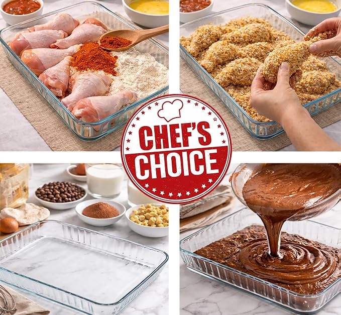 2-Piece Ums 4-Qt (16" x 11" x 2") Glass Baking Dishes for Oven, Glass Oven Pan & Tray Bakeware, Borosilicate Glass Casserole Dish Cookware, Microwave & Oven-Safe Clear Bakeware