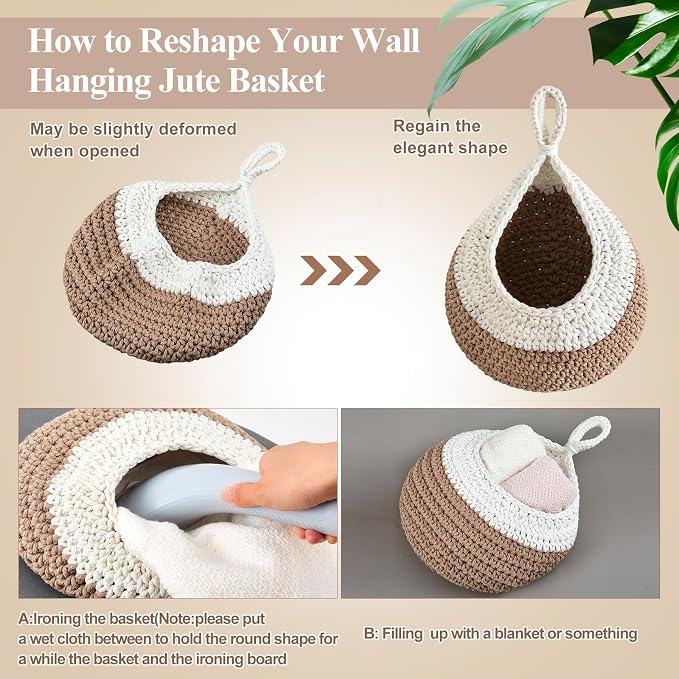 Honeydak Boho Decor Hanging Wall Baskets for Kitchen 3 Pack Teardrop Baskets with Hooks Storage Fruit Onion Vegetable Potato for Home 3 Sizes(White with Light Linen,Teardrop,Cotton Rope)