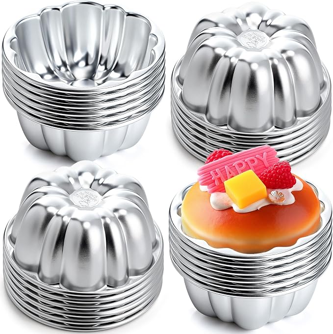 Honeydak 24 Pack Pudding Cup Pans Mini Fluted Cake Small Jelly Pans Aluminum Alloy Reusable Cake Tartlets for Baking Egg Tart Flan Cupcake Bread Muffin Brownie Pudding, Non-sticky(R-12)