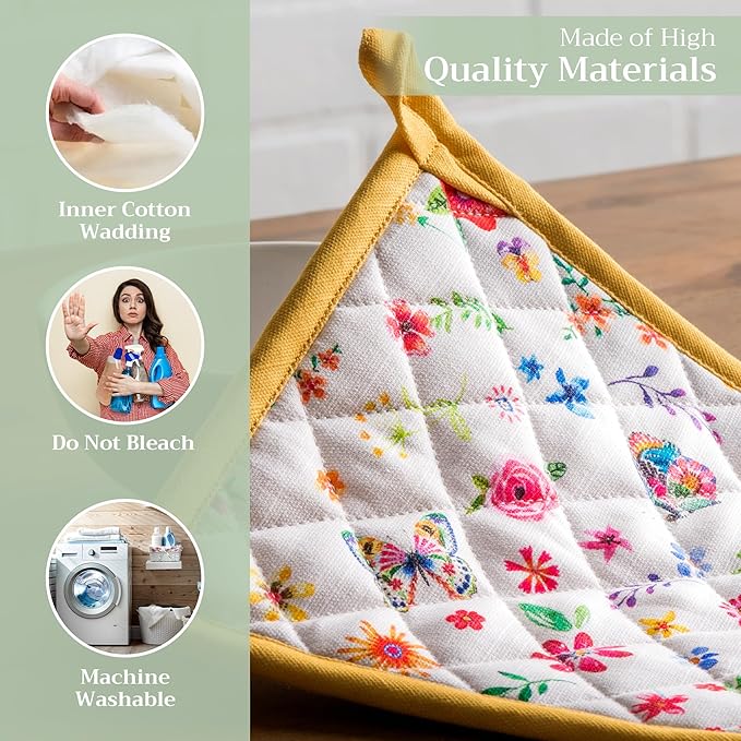 Maison d' Hermine Pot Holders 100% Cotton Heat Resistant Potholders 8" x 8" Hot Pads with Loop BBQ Baking Gifts for Mothers Day Handling Hot Pans Spring/Summer (Pack of 1, Happy Florals - Sweety)