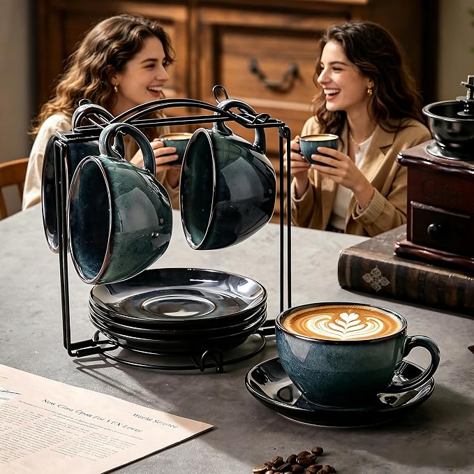 4 Sets of 8 oz Green Reactive Glaze Coffee Cups with Saucers, Ceramic Espresso Cups Set with Black Metal Stand – Unique Variegated Finish Stoneware Demitasse for Latte, Cappuccino or Gift
