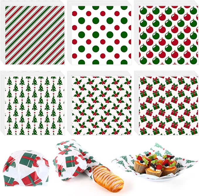 Reallnaive 600 Pcs Christmas Gift Wax Paper Sheets 12 x 12 Inch Parchment Deli Tissue Paper Sandwich Wrapping Sheets Food Basket Liners for Kitchen Restaurant Baking Supplies, 6 Styles