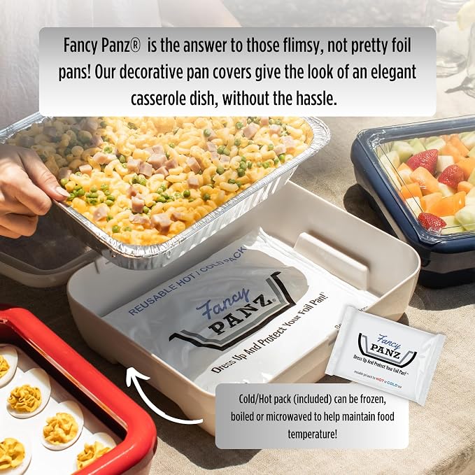 Fancy Panz Platinum Premium Aluminum Foil Pan Carrier with Secure Latch Lid & Hot/Cold Gel Pack - Made in USA Reusable Casserole Carrier for Half Size Pans - Food Transport Holder for Entertaining