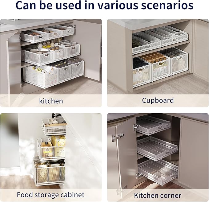 Pull Out Cabinet Organizer, No Drill Adhesive Sliding Drawers for Kitchen, Metal Mesh Wire Storage Shelf for Pantry & Under Sink, White (9.6" W x 15.7" D x 8.4" H)