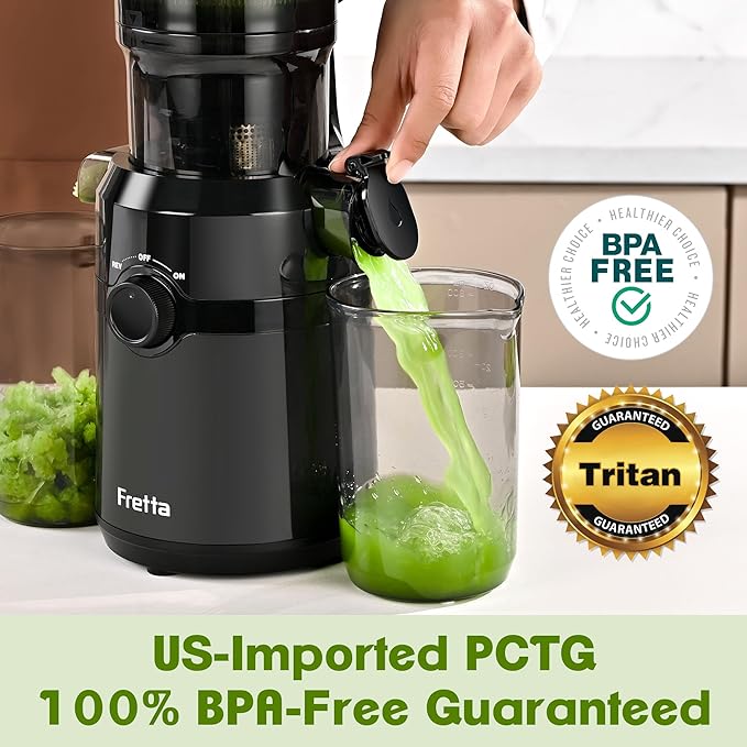 Cold Press Juicer Machines,Fretta Nifty Slow Masticating Juicer Machines with PCTG Material from the USA,Fit Whole Fruits & Vegetables-Easy to Clean,High Juice Yield,BPA Free (Ink-black)