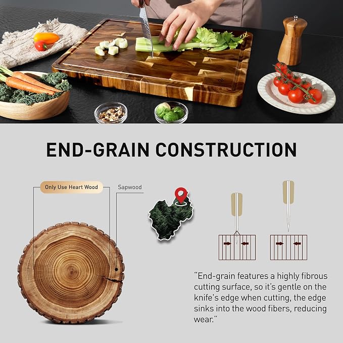End Grain Cutting Board Set of 3 with Non-slip Feet, Reversible Acacia Wood Cutting Boards for Kitchen with Juice Grooves and Handles Non Toxic Chopping Board Butcher Block Serving Tray Kitchen Sets