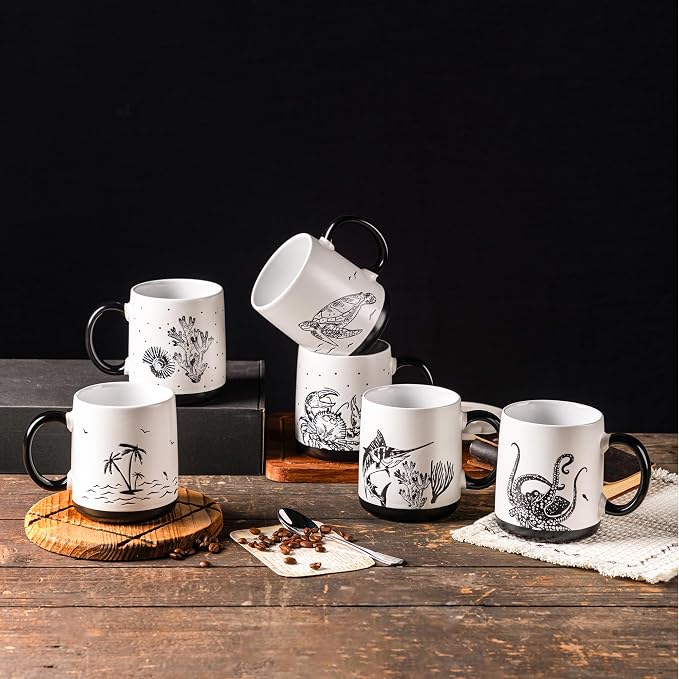 AmorArc Large Coffee Mugs Set of 6, 18oz Ceramic Coffee Cups with Sea Life Textured Patterns for Tea Latte Cocoa. Easy to Hold&Clean, Dishwasher&Microwave Safe, Matte
