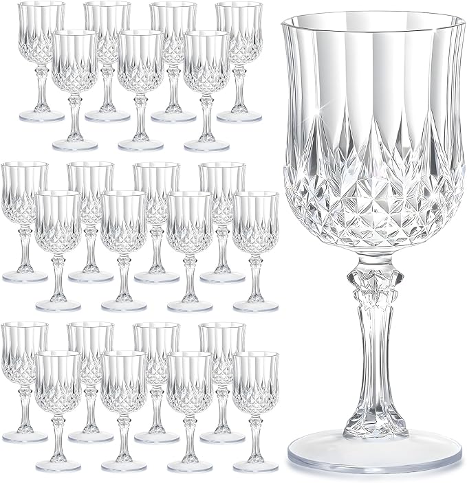 7OZ Plastic Wine Glasses, Reusable Vintage Goblets Unbreakable Drinking Glasses Crystal Water Cups Champagne for Wedding, Parties (24, Clear)