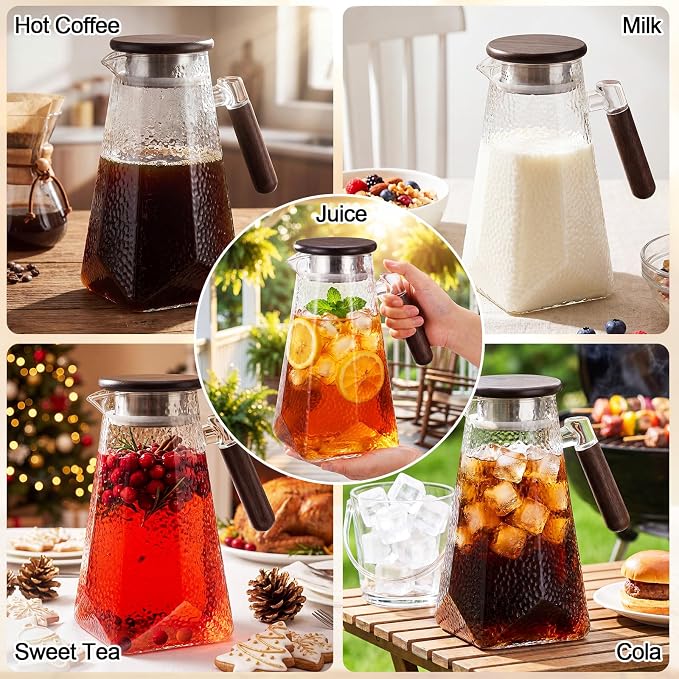 60 oz 1.8l Glass Pitcher with Lid, Borosilicate Glass Carafe with Solid Walnut Handle, Spout, Heat-resistant Beverage Jug for Iced Tea, Lemonade, Cold Brew, Fridge Safe(Hammered Texture)