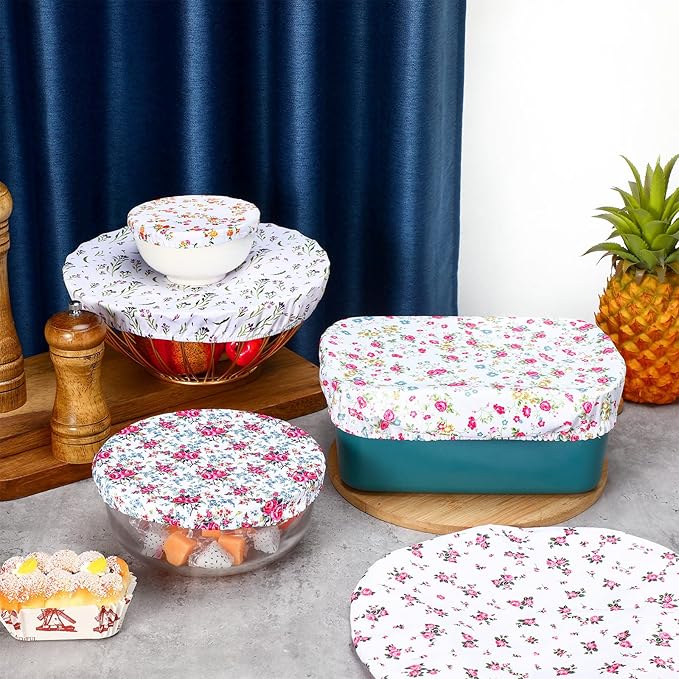 Patelai 10 Pcs Bowl Covers Reusable in 5 Size Stretch Cloth Fabric Elastic Food Storage Bowl Covers Bread Sourdough Lids for Proofing Food Fruits Leftover(Red, Green, Yellow,Flowers Style)