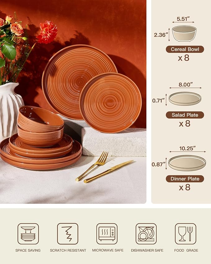 24-Piece Stoneware Dinnerware Sets for 8 - Farmhouse Coupe Plates and Bowls with Speckles & Spirals - Chip & Scratch Resistant, Microwave & Dishwasher Safe - Gift Box, Terracotta