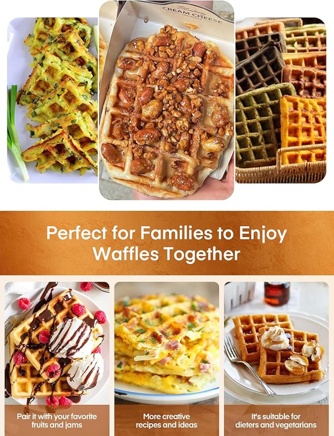 FOHERE Waffle Maker 4 Slices, 1200W Square Waffle Iron, 5 Browning Levels, Nonstick Plates, Cool-touch Handle, Anti-scald, Anti-overflow, Indicator Lights, Recipe, White (Large)