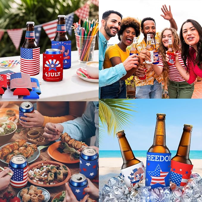 【16 PCS】 4th of July Can Holder in Bulk 4th of July Decorations Outdoor Can Cooler 4th of July Accessories Party Favors Patriotic Party Supplies Fourth of July Independence Day Accessories
