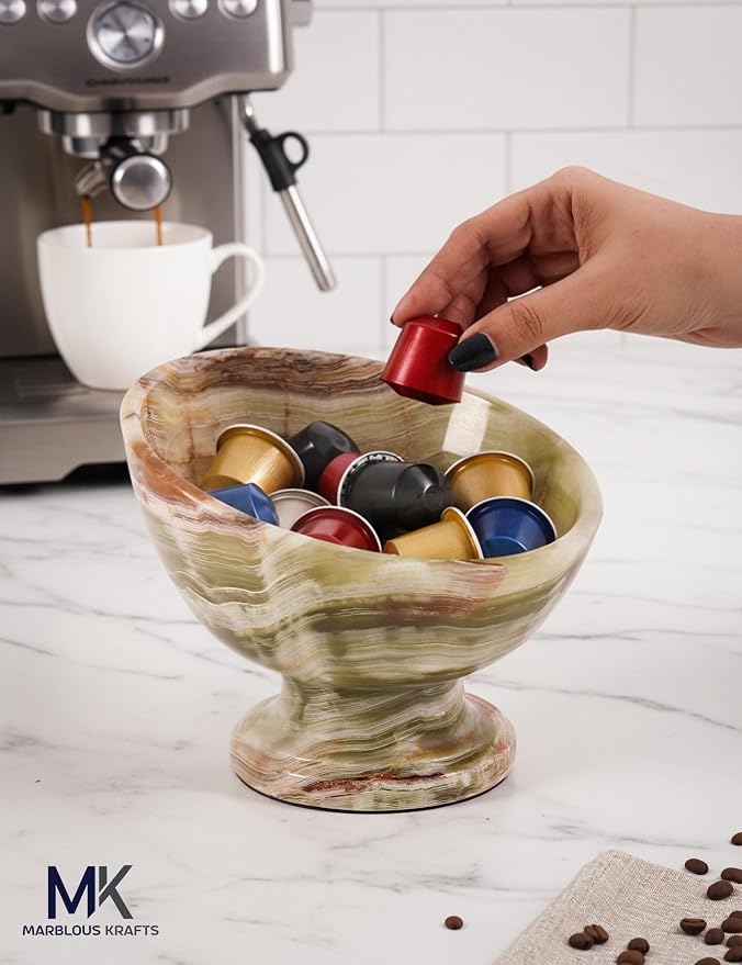 Marblous Krafts Green Onyx Marble Espresso Accessories Bowl 7 Inch Handmade Stone Coffee Pod Holder for Counter, Espresso Pods & K Cup Storage Organizer, Coffee Bar Decor