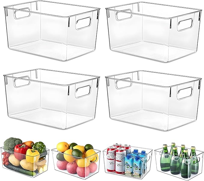 Clear Plastic Storage Bins – 4 Large Containers for Kitchen Organization or Pantry Organization and Storage, Fridge Organizer Plastic Bins, Pantry Organization and Storage Bins, Cabinet Organizers