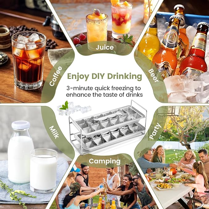 Stainless Steel Ice Cube Trays with lever and Stand for Freezer - Large Metal Ice Mold with Silicone Lid, Non-Toxic Whiskey Ice Cubes Tray, Easy Release Reusable Kitchen Essential (Set of 2)