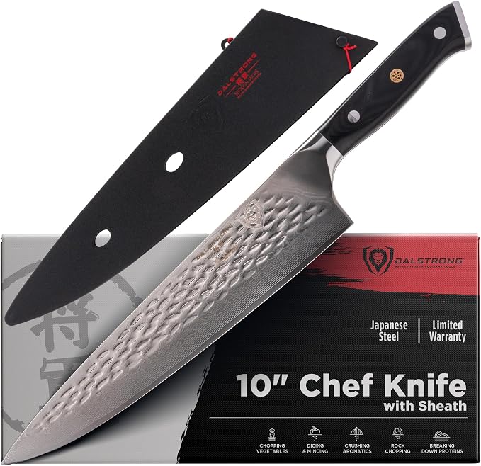 Dalstrong Chef Knife - 10.25 inch Blade - Shogun Series ELITE - Damascus - Japanese AUS-10V Super Steel - G10 Black Handle - Razor Sharp Kitchen Knife - Hammered Finish - Chef's Knife - Sheath