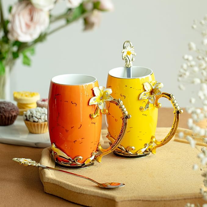 BTaT- Floral Ceramic Mugs with Spoon, Set of 2, Yellow and Orange, Fancy Coffee Mugs with Spoon