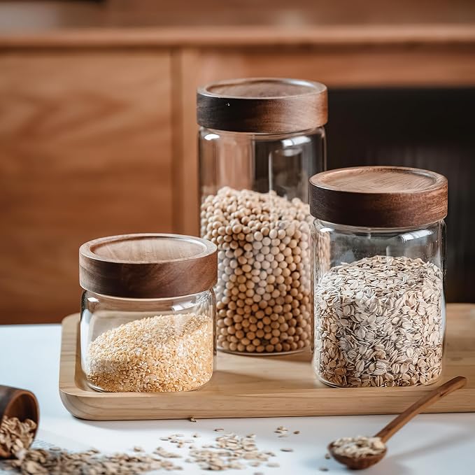 3 Pack 28 fl oz/850 ml Clear Glass Storage Canister with Airtight Wooden Screw On Lid, Medium Decorative Glass Container Jar Set for Coffee, Candy, Cookie, Condiment, Pepper, Sugar, Oatmeal