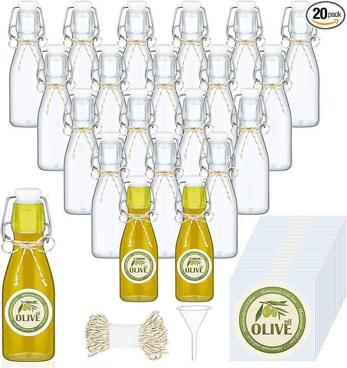 Queekay 20 Pack Mini Swing Top Glass Bottles for Vanilla Extract Homemade Olive Oil Bottles with Lids Airtight Cap Lids Labels for Wedding Baby Shower Favors(5.07 oz,Clear)