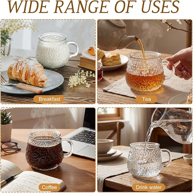 12 Pack Glass Coffee Mugs with Handles, 12 Ounces Glass Breakfast Mugs Bulk, Clear Tea Cups for Hot/cold Drinks, Glassware Set for Americano, Latte, Cappuccino(Retro)