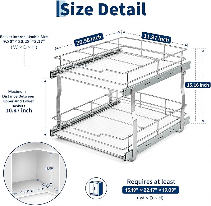Garvee 2-Tier Pull Out Cabinet Organizer, Pullout Shelf and Drawer Organizer with Heavy-Duty Steel Frame, Slide Out Storage Basket for Kitchen, Pantry & Under Sink, 12" W x 21”D x 15" H