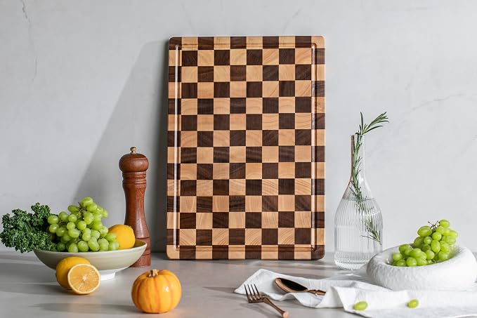 THETCHRY Cutting Boards for Kitchen, Checkered Wood Cutting Board, Walnut Chopping Board with Juice Grooves & Handles, Butcher Block Serving Tray with Gift Box 16" x 11" x 0.8"