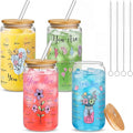 Mumufy 4 Pack Wildflower Glass Cups Gift Aesthetic Cute Glass Cup Tumbler Flower Iced Coffee Mugs 16 oz with Bamboo Lid & Straw, for Wedding Birthday Bridesmaid Mom Baby Shower