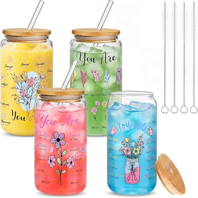 Mumufy 4 Pack Wildflower Glass Cups Gift Aesthetic Cute Glass Cup Tumbler Flower Iced Coffee Mugs 16 oz with Bamboo Lid & Straw, for Wedding Birthday Bridesmaid Mom Baby Shower