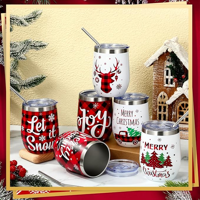 Ziliny 6 Pieces Christmas Wine Tumbler 12 oz Xmas Insulated Stainless Steel Wine Cups with Lid and Straw Funny Coffee Mugs with Brush for Holiday Wedding Party Gifts(Plaid Style)
