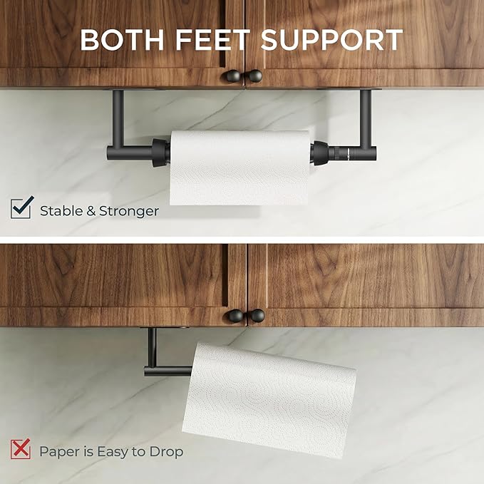 FORIOUS Paper Towel Holder Under Cabinet, One Hand Operable with Ratchet System for Easy Tear, Adhesive or Drill Wall Mount, SUS304 Commercial Paper Towel Holder for Kitchen Bathroom, Matte Black