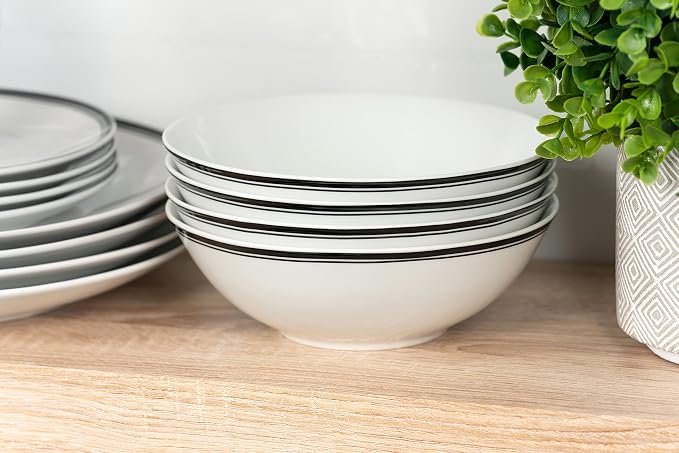 10 Strawberry Street Café Stripe 16 Piece Coupe Dinnerware Set, Black