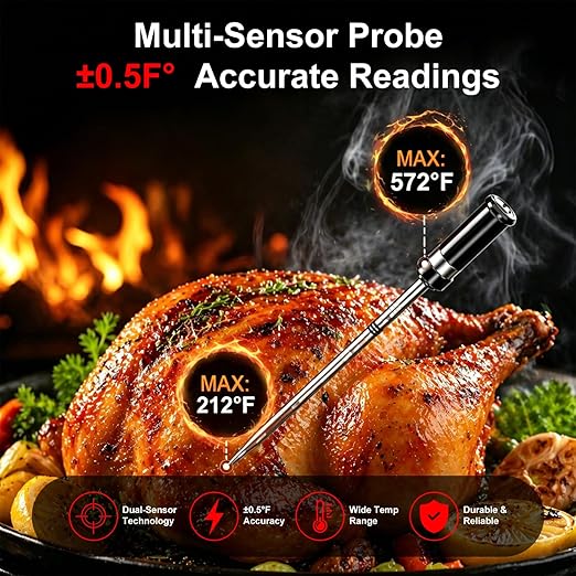Smart Wireless Meat Thermometer 230FT Remote Food Thermometer Meat with Bluetooth Standalone Base Thermometer Digital Wireless for Remote Monitoring of BBQ, Oven, Kitchen,Grill,Matte Black