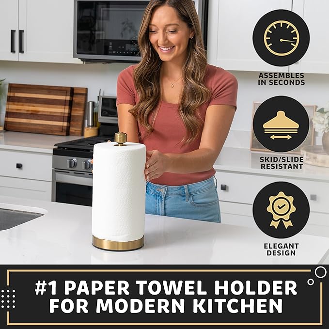 Heavy-Duty Stainless Steel Paper Towel Holder - Easy One-Handed Tear with Suction Cups - Modern Weighted Standing Countertop Dispenser for Kitchen - Holds All Paper Towel Rolls, Gold
