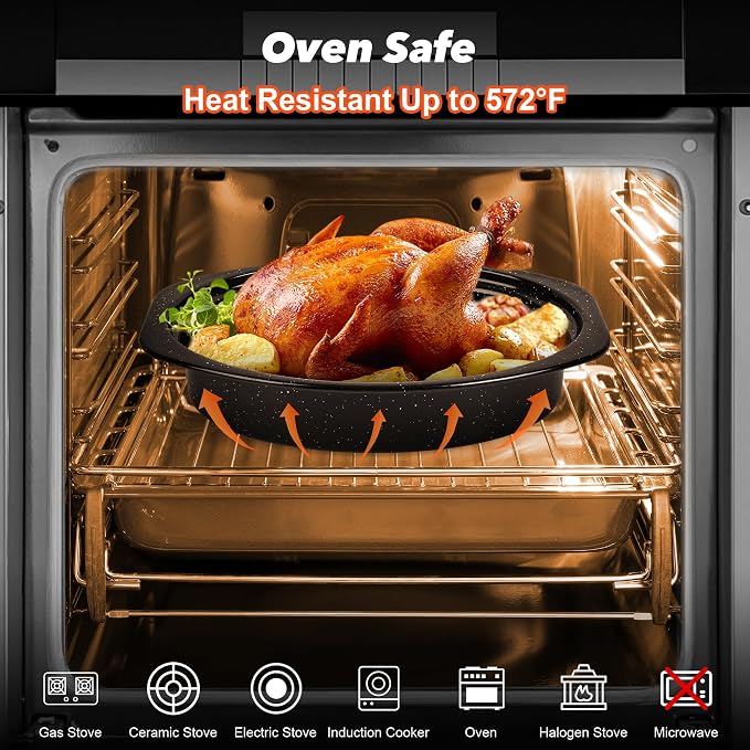 13” Roasting Pan with Lid, Small Enameled Carbon Steel Oven Roaster for Chicken, Turkey, Meat, Bread, Sourdough, Heat Resistant to 572℉, Dishwasher/Induction Safe, including Stainless Steel Oval Rack