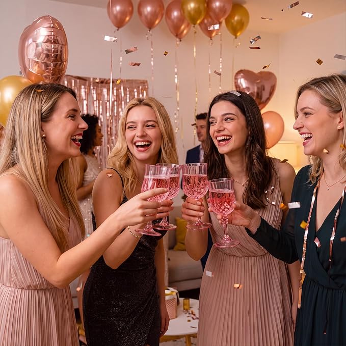 Sliner 96 Pcs 7oz Plastic Vintage Wine Glasses Drinking Goblets Unbreakable Crystal Water Glassware Reusable Diamond Champagne Flutes Cups for Wedding Banquet Birthday Party Supplies (Pink)