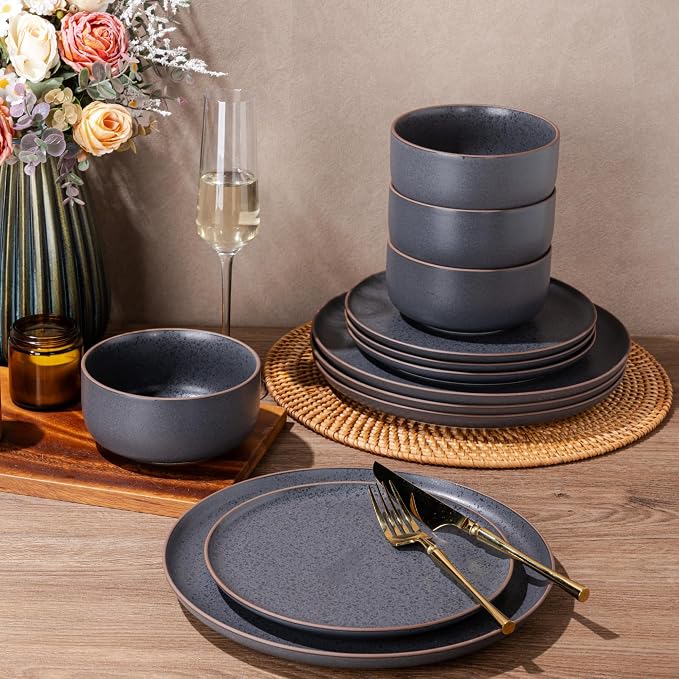 LERATIO Stoneware Dinnerware Sets for 6,Handcarft Ceramic Plates and Bowls Sets,Chip and Scratch Resistant Dishes, Dishwasher & Microwave Safe, Oven safe,Reactive Glaze-Speckled Ashen