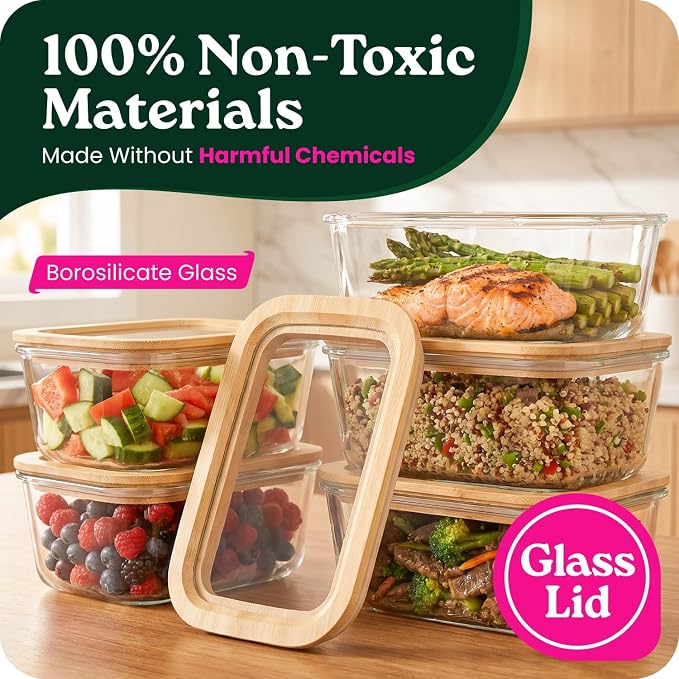 4-Pack Glass Food Storage Containers with Clear-Top Bamboo Lids – Plastic Free 46.7 Oz Glass Meal Prep Containers for Lunch, Eco Friendly Airtight Food Storage, Microwave & Freezer Safe