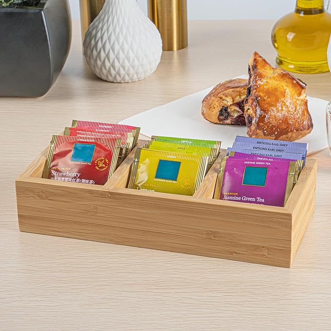 Restaurantware-9.5 x 4.25 x 2 Inch Coffee Condiment Organizer, 1 Rectangle Creamer Organizer - 3 Compartments, Break-Resistant, Bamboo Coffee Accessory Caddy, Won't Chip, For Tea And Sugar Packets