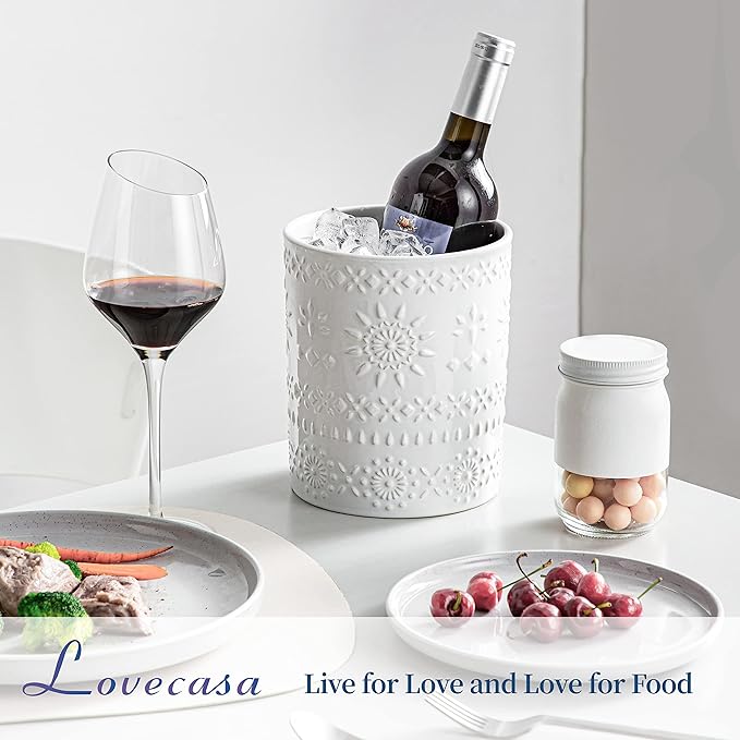 LOVECASA 7.2" Ceramic Utensil Holder, Farmhouse Countertop Crock, White | 7.2 Inch Size, Ceramic Build, Heavy Sturdy Base, Countertop Organization, Farmhouse Style, White Finish