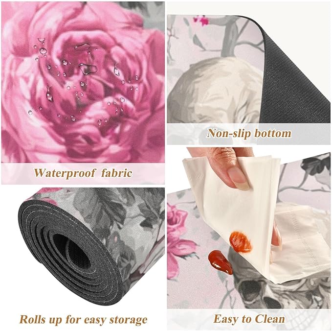 2 in 1 Table Runner Trivet for Hot Pots and Pans Heat Resistant Non Slip Waterproof 39 x 12 Inch Decorative Table Protector for Kitchen Countertop Grey Skull and Pink Rose
