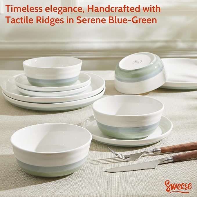 Sweese Plates and Bowls Sets,18 Pieces Modern Porcelain Dinnerware Set for 6 Handcrafted Uniqe Dinner Set Ceramic Dishware Dishes Microwave and Dishwasher Safe, Blue & Green