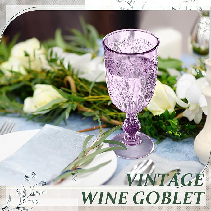 Wiwiqing 24 Pcs Plastic Goblets 7.5oz Vintage Goblet Plastic Wine Glasses Colored Retro Embossed Water Goblets for Wine Bar Juice Baby Shower Wedding Reception Grand Event Party (Purple)