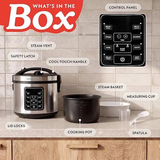 Gourmia Rice Cooker – 3 Qt Capacity, 12 Cup Cooked, 6 Cup Uncooked, Digital Controls, Grain Cooker & Steamer, Built-In Steamer Basket, Nonstick Ceramic Pot, Delay Timer, Keep Warm, Stainless Steel