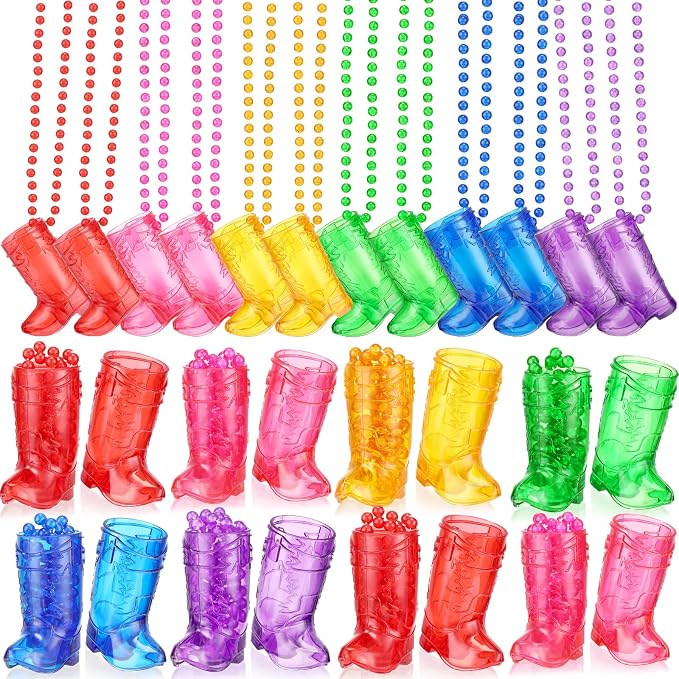 Sieral 24 Pcs Boot Shot Glasses on Beaded Necklace Plastic Cowgirl Shot Glass Cup Necklace Bride Supply for Bachelorette Carnival Party Birthday Wedding Supply (Transparent Colorful)