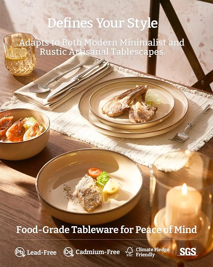 Famiware Milkyway Stoneware Dinnerware Set, 12-Piece, Double Reactive Glaze, Plates and Bowls, Service for 4, Microwave and Dishwasher Safe, Scratch-Resistant, Milk Tea
